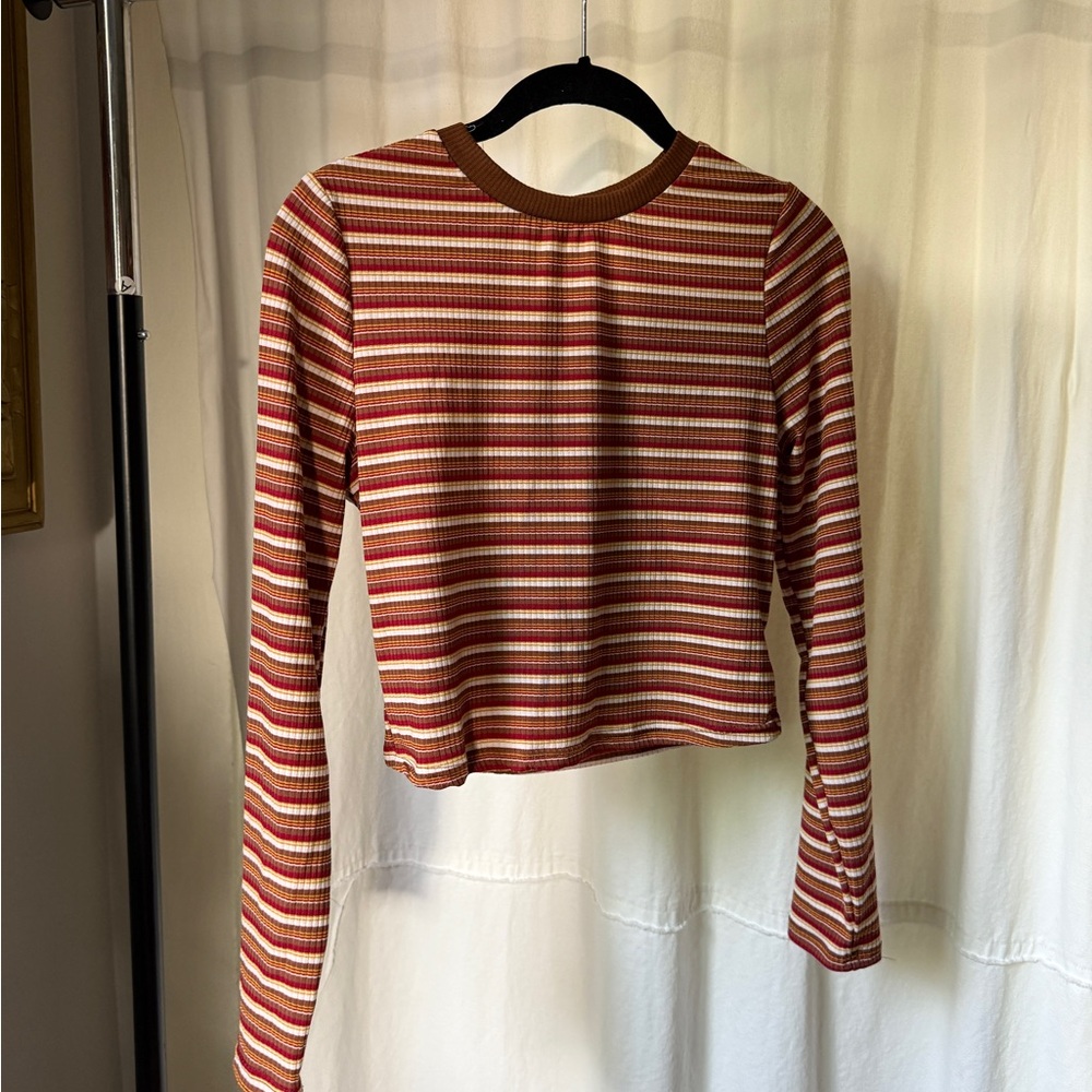 Striped Long Sleeve Crop Top - Brown, Red, and Cream